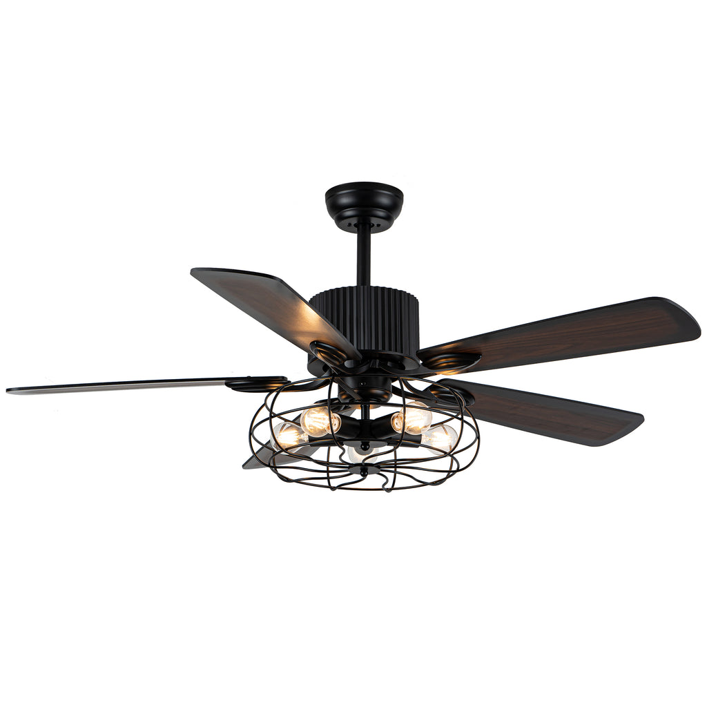 52 Inch Black Industrial Caged Ceiling Fan with Lights and Remote, 3-Speed Reversible Ceiling Fan for Large Room