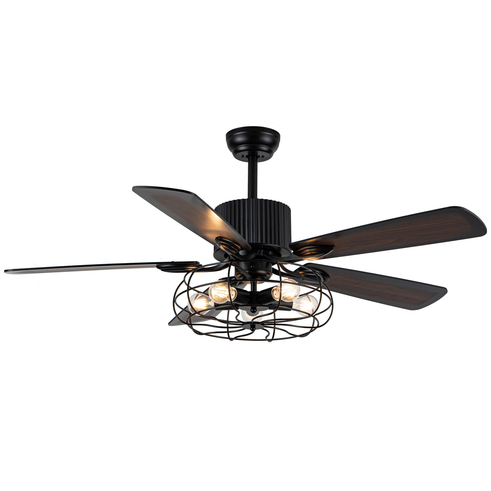 52 Inch Black Industrial Caged Ceiling Fan with Lights and Remote, 3-Speed Reversible Ceiling Fan for Large Room