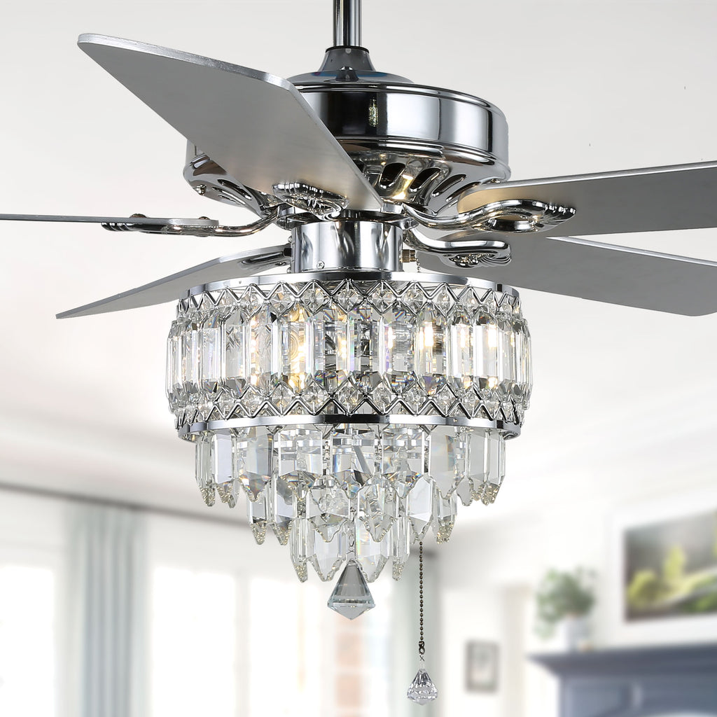 52" BellaDepot Luxury Crystal Ceiling Fan with Light & Remote - Black/Chrome Reversible DC Motor, 6 Speeds, Timer, Quiet Fandelier