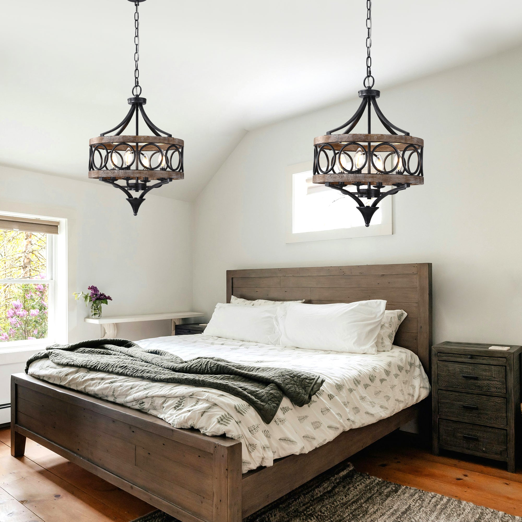 4 - Light Farmhouse Sol Wood Chandelier, 16" Rustic Geometric Chandelier Wood Cage Lantern Pendant Lights