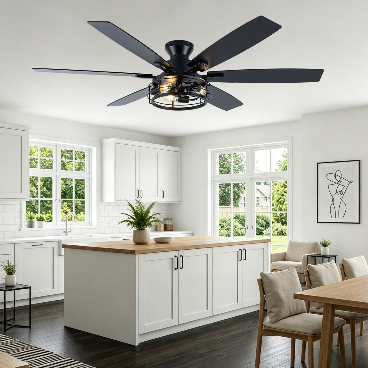 Farmhouse 60 Inch Flush Mount Ceiling Fan with Light Reversible Quiet DC Motor 6 Speed Ceiling Fan with Light Caged Timming Remote Control Ceiling Fan with Light Suit for Bedrooms, Kitchens, Living Rooms