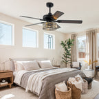 Luxury 52 Inch Crystal Caged Ceiling Fan with Light Reversible Wood Blades Quiet DC Motor Ceiling Fan Remote Control Timing Ceiling Fan Suit for Living Room, Kitchen, Bedroom