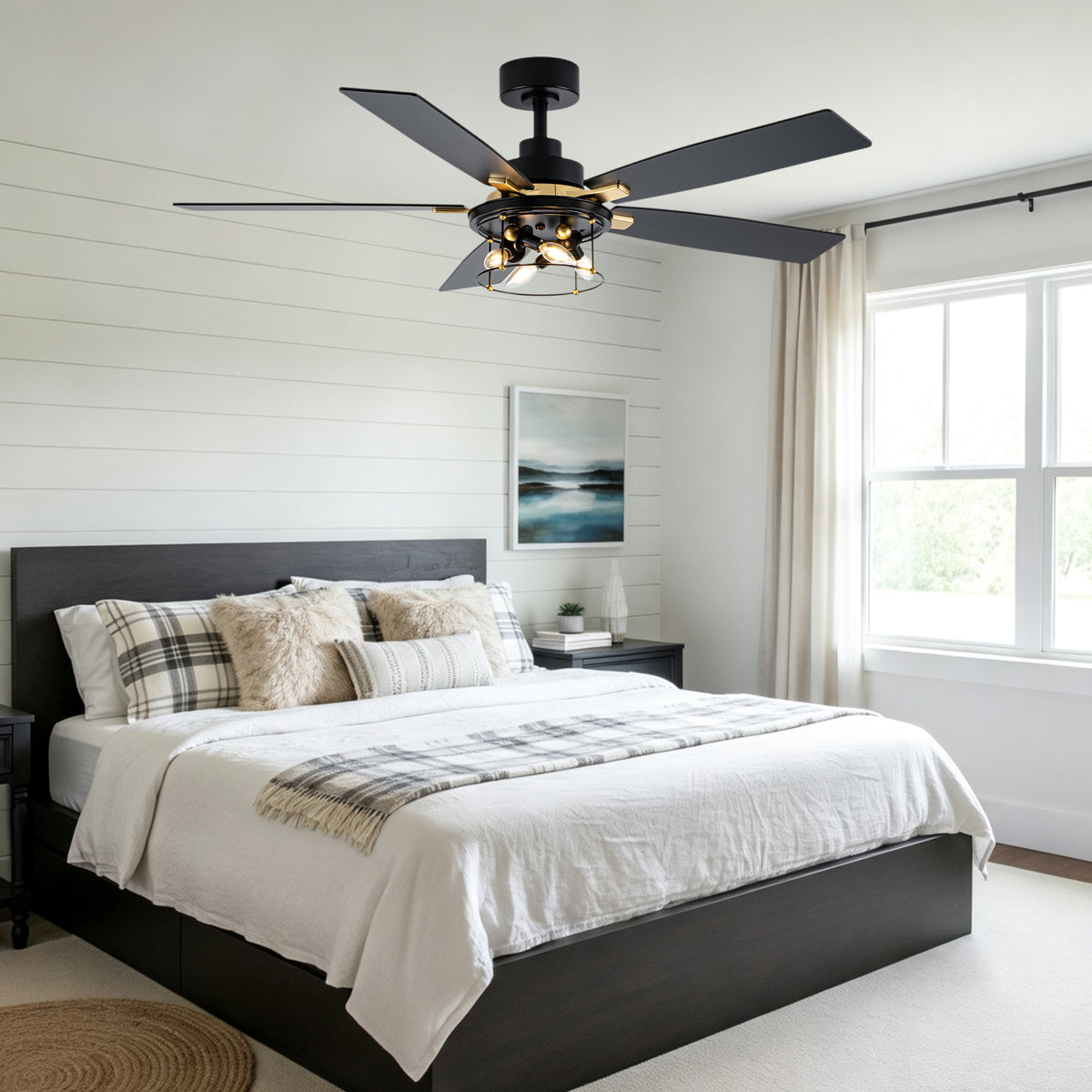 Industrial 52 Inch Gold/Black Caged Ceiling Fan with Light Quiet Reversible DC Motor with 6 Speed Remote Control Ceiling Fan 5 Blades Ceiling Fan Suit for Kitchen Bedroom Living Room