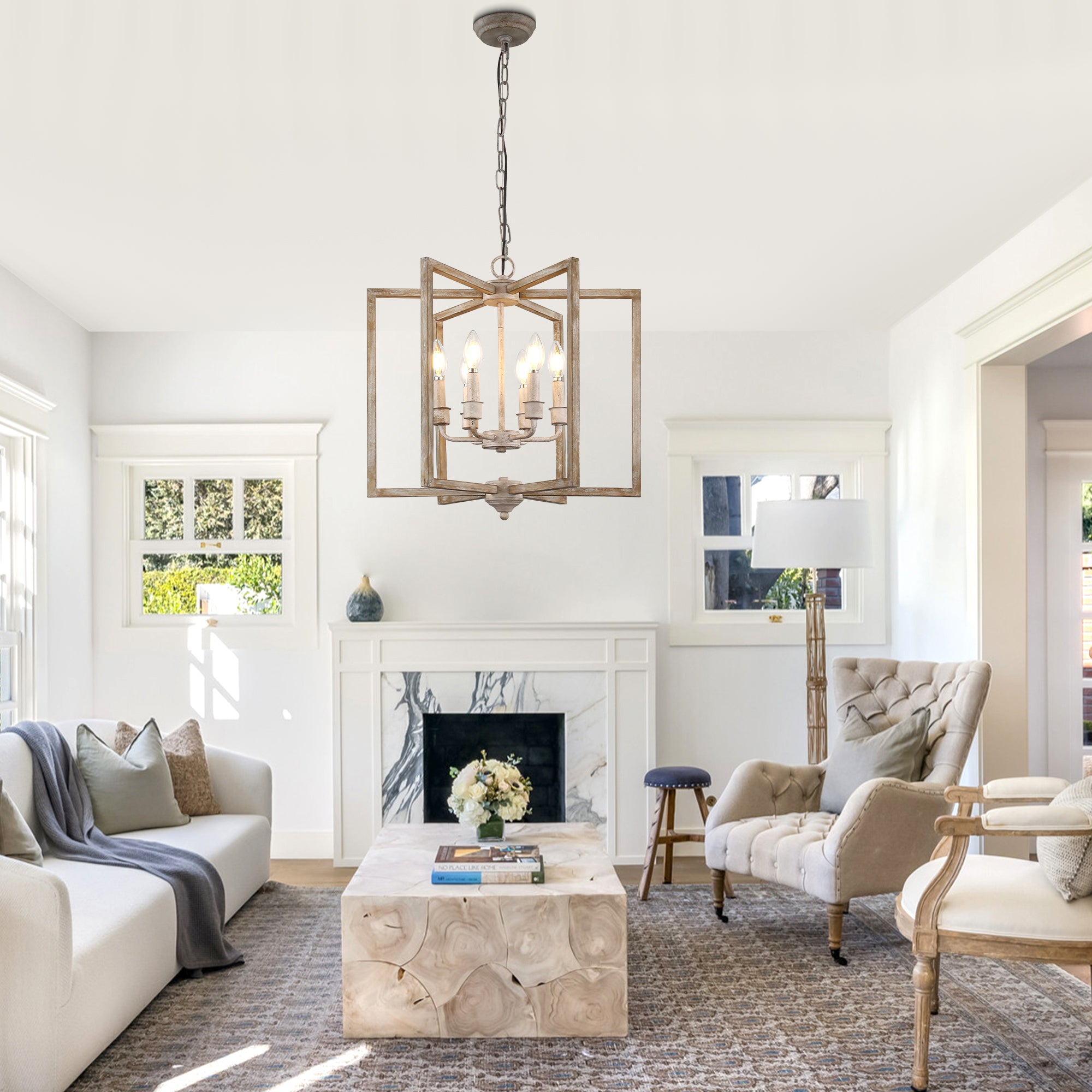 FC4115-BellaDepot 6 Lights Geometric Wood Chandelier, Height Adjustable Home Decoration Pendant Light