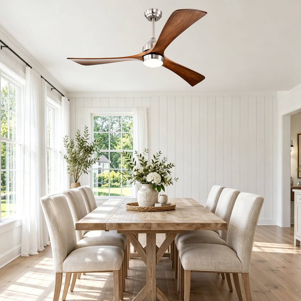 52 Inch Modern Farmhouse Stain Nickel Solid Wood Blade Ceiling Fan with Lights & Remote Control, 6 Speed DC Motor Reversible Ceiling Fan
