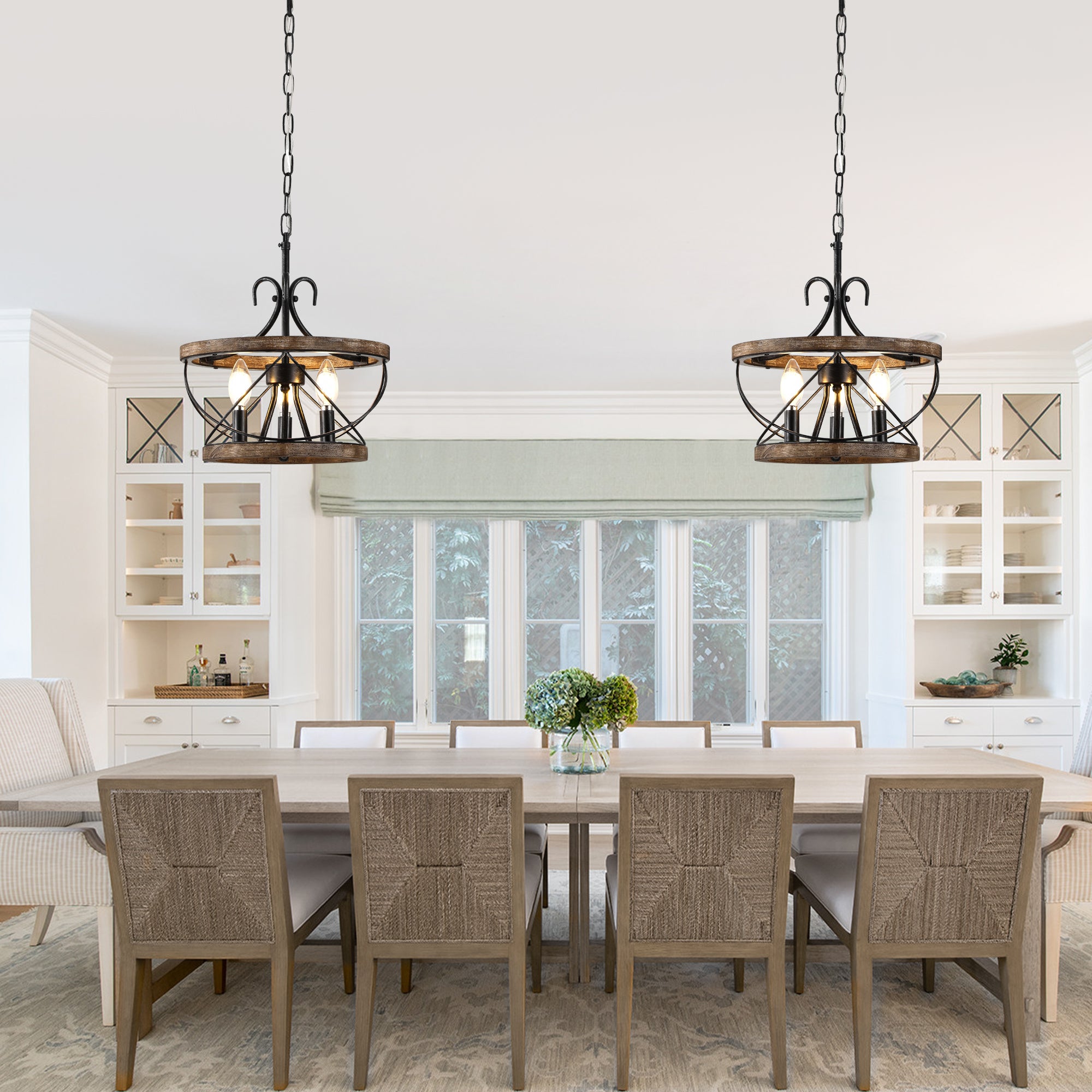 3 - Lights Farmhouse Drum Chandelier, 13" Wooden Chandelier for Dining Room with Height Adjustable