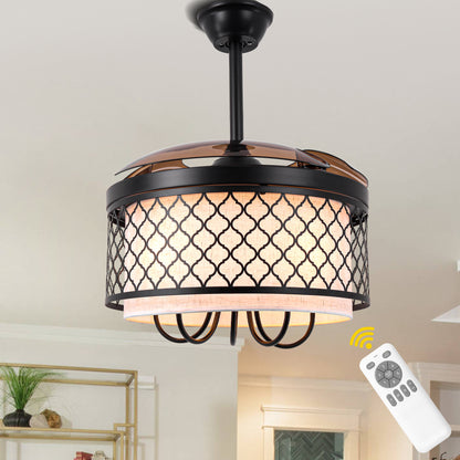 DC4271-B-BellaDepot 42" Vintage Chandelier Fan with Fabric and Metal Decor, Caged Ceiling Fan with Remote Control and Lights