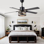 52 Inch Industrial Farmhouse Ceiling Fan with Lights and Remote Control, 6 Speeds Reversible Caged Ceiling Fan for Living Room
