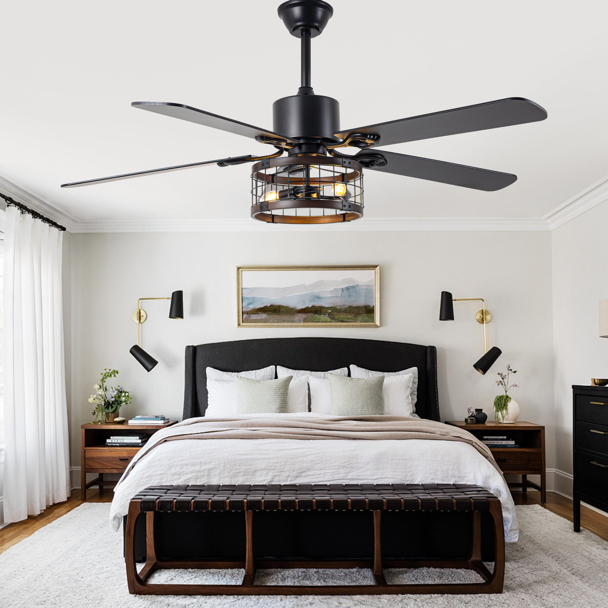 DC5220-BellaDepot 52" Farmhouse Brown Caged Ceiling Fan with Remote Control, 5 Blades Standard Ceiling Fan with Lights