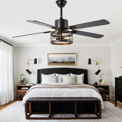 BellaDepot 52" Farmhouse Brown Caged Ceiling Fan with Remote Control, 5 Blades Standard Ceiling Fan with Lights - DC5220