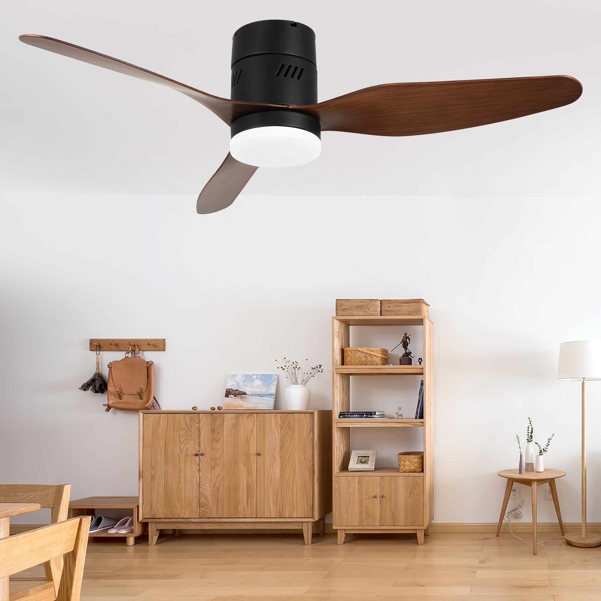DC4601GED-BellaDepot 46" 3 Blades Simple Modern Flush Mounted Reversible Ceiling Fan with Remote and LED Light Kit Included, 6-speed Dimmable Ceiling Fan