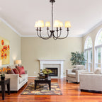 6-Light Black Farmhouse Chandelier with Fabric Shades, 30 Inch Classic Dining Room Light Fixture, Adjustable Pendant Lighting for Kitchen Island