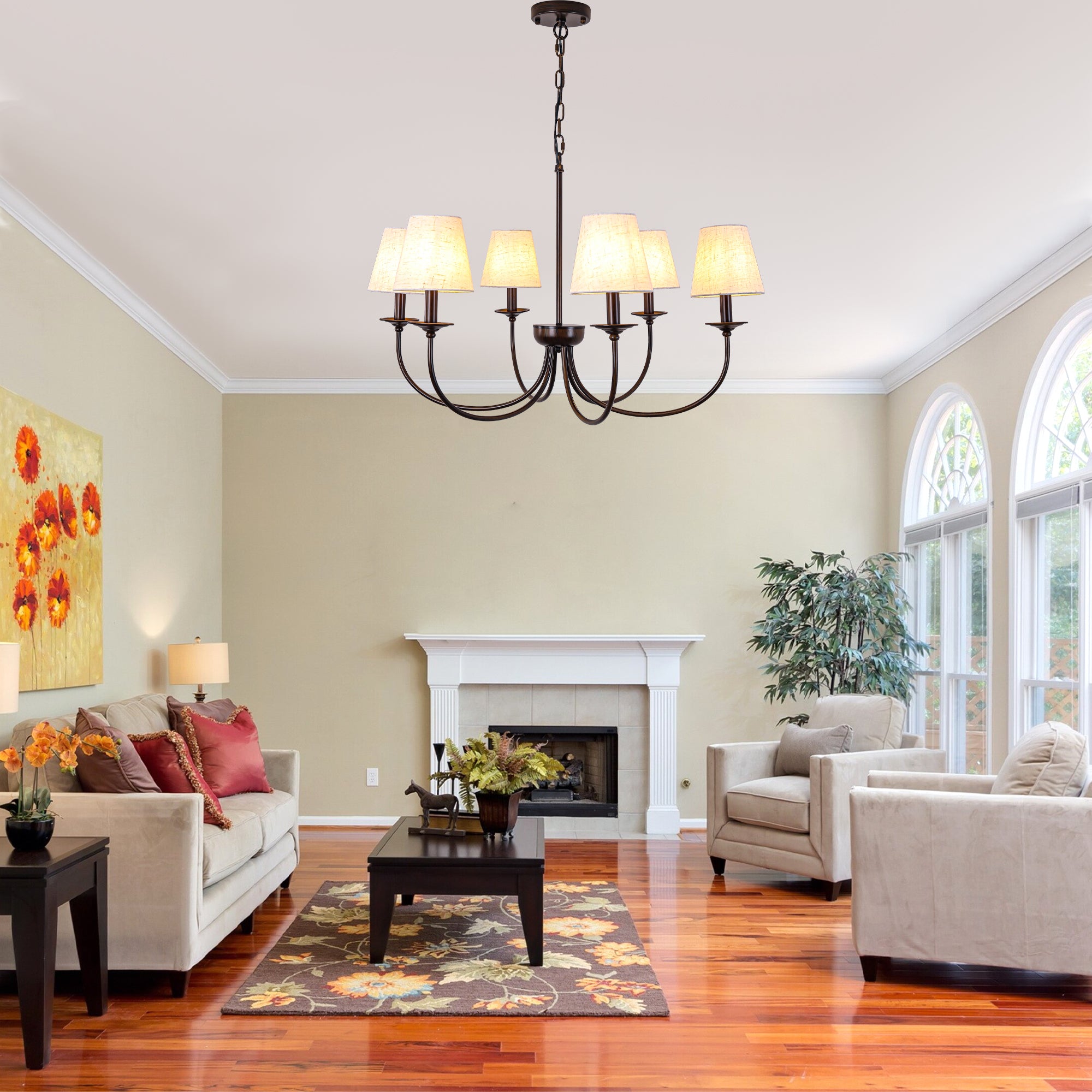 6-Light Black Farmhouse Chandelier with Fabric Shades, 30 Inch Classic Dining Room Light Fixture, Adjustable Pendant Lighting for Kitchen Island