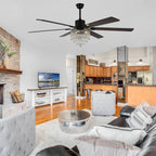 DC6502-BellaDepot 65" Black/Silver Finish Metal Crystal Wooden Reversible Ceiling Fan with Remote and 3 Lights, Large Size Ceiling Fan