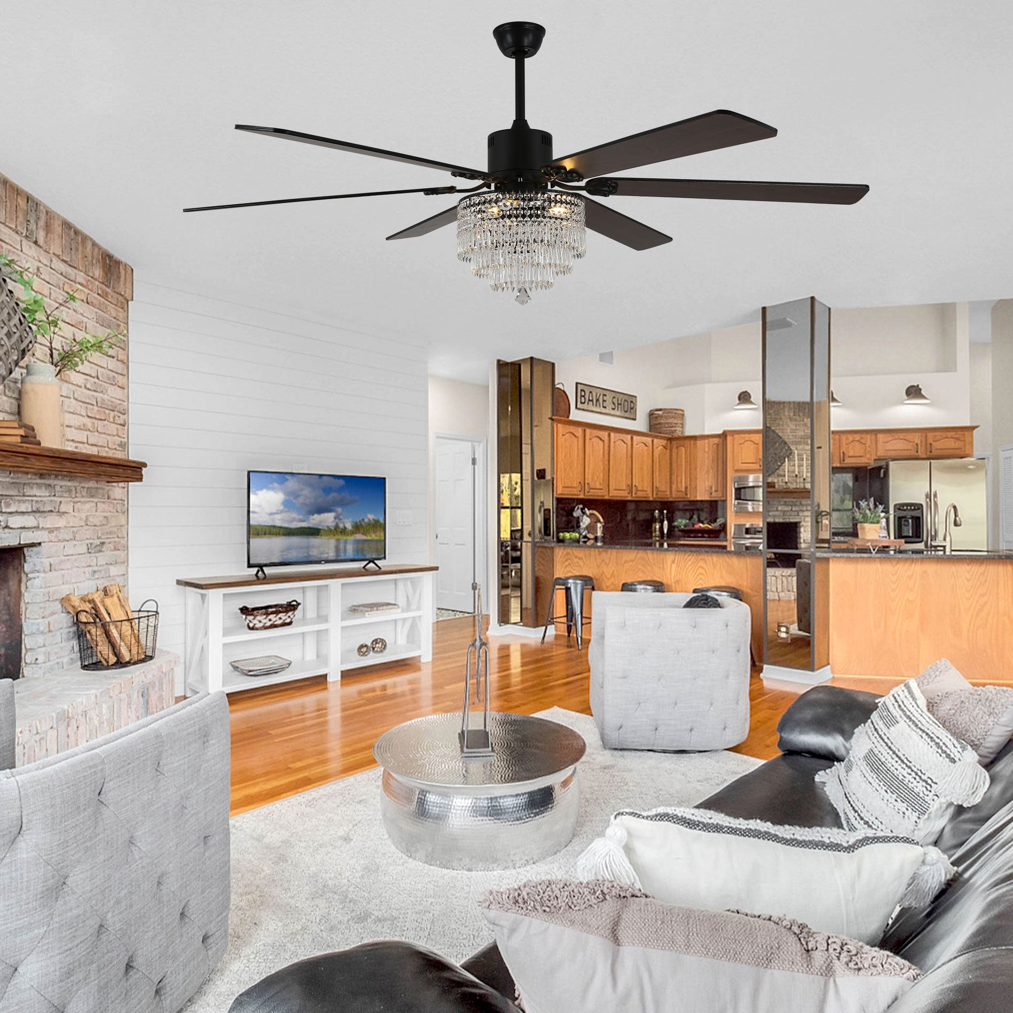 DC6502-BellaDepot 65" Black/Silver Finish Metal Crystal Wooden Reversible Ceiling Fan with Remote and 3 Lights, Large Size Ceiling Fan