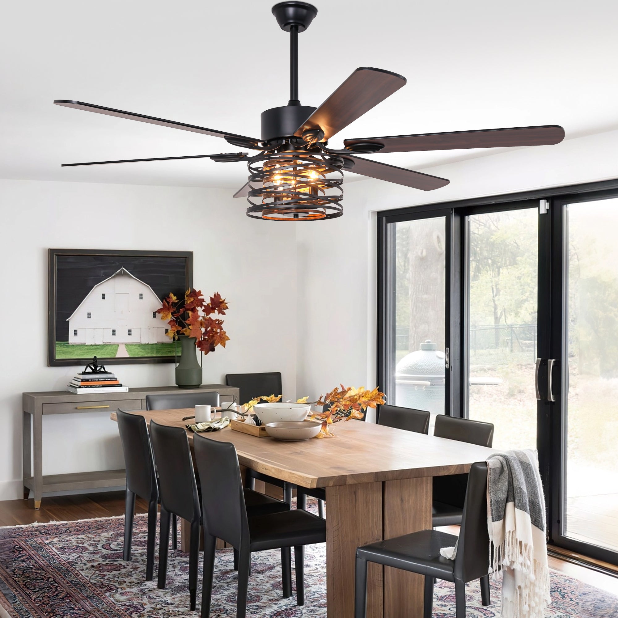 DC6507-BellaDepot 65" Farmhouse Industrial Brown Large Size Ceiling Fan with Remote Control, Silent Motor 6 Speeds Straight Leaf Fan with 3 Lights