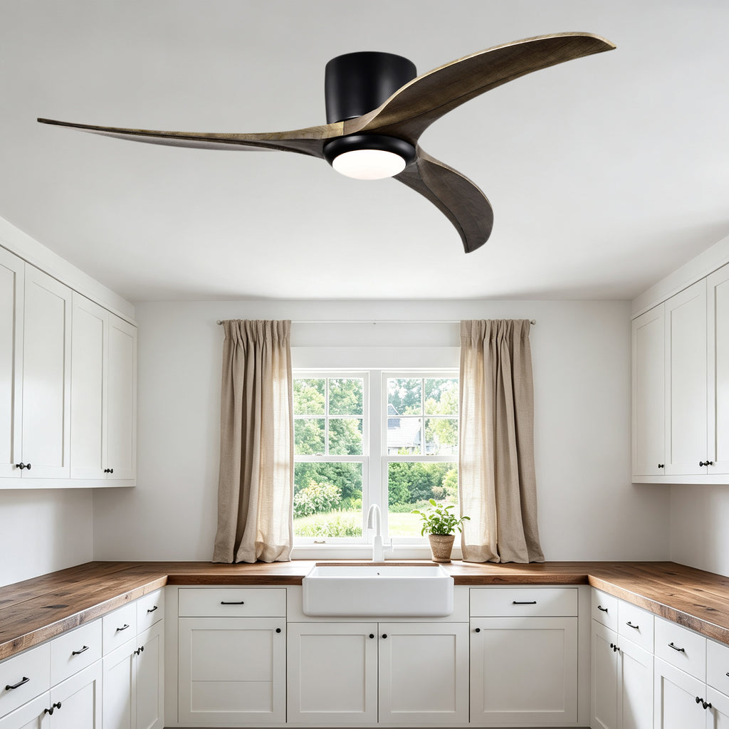 52 Inch Modern Farmhouse Flush Mount Solid Wood Blade Ceiling Fan with Lights & Remote Control, 6 Speed DC Motor Reversible Ceiling Fan