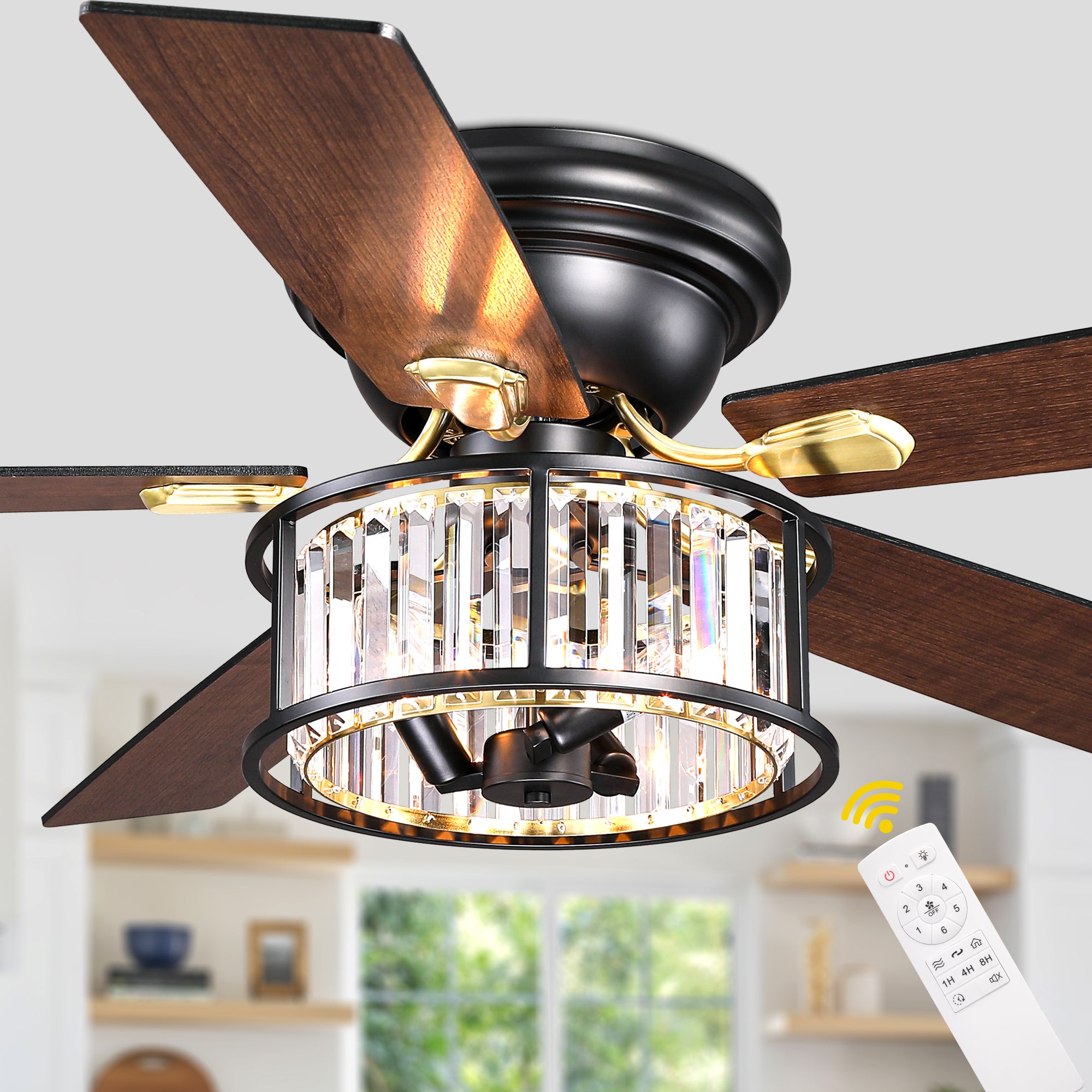 52 Inch Modern Glam Crystal Flush Mount Ceiling Fan with Lights and Remote, 6 Speeds DC Motor Reversible Low Profile Ceiling Fan