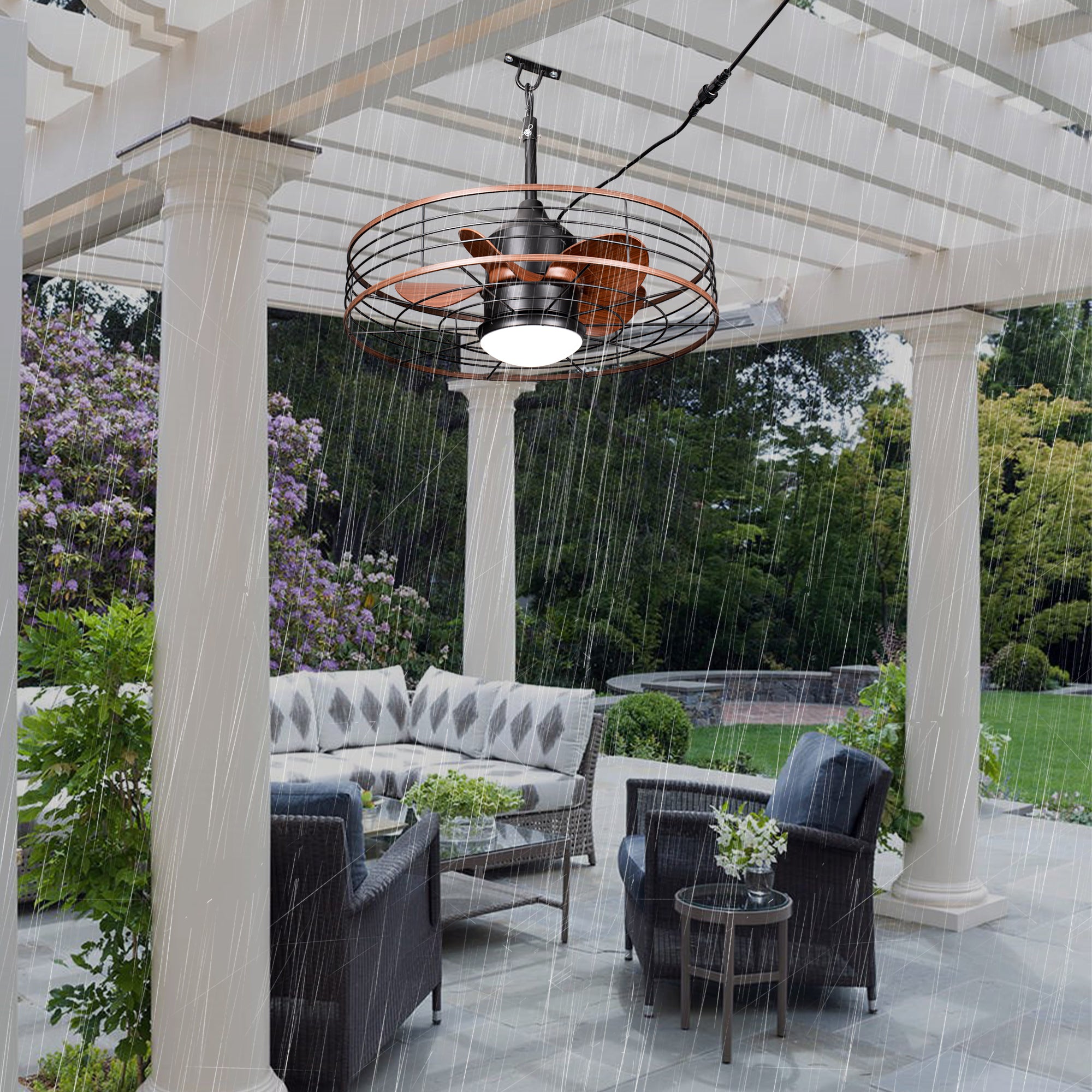 23.6 Inch Black Outdoor Dimmable Ceiling Fan with LED Light and Remote, Farmhouse Reversible 6 Speeds Quiet DC Motor Caged Ceiling Fan for Patio