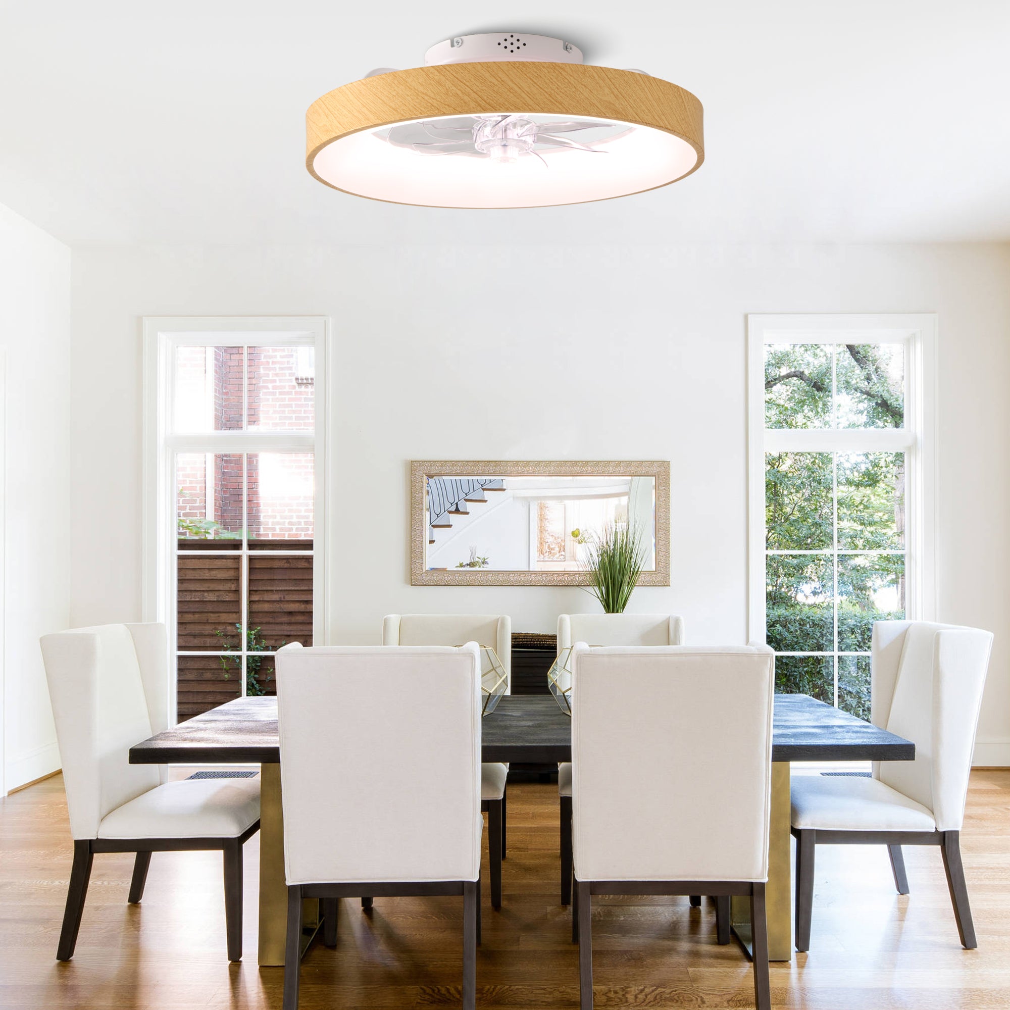 20 Inch Modern Smart Flush Mount Ceiling Fan with Dimmable LED Light, 6-Speed DC Motor Bladeless Ceiling Fan with Remote