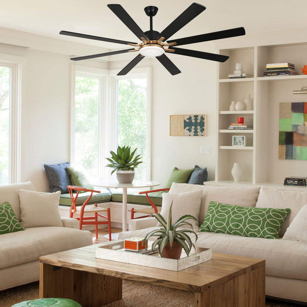 72 Inch Black/Chrome Modern Extra Large Ceiling Fan with LED Light and Remote, 6 Speeds 8-Blade DC Motor Reversible Ceiling Fan for Living Room