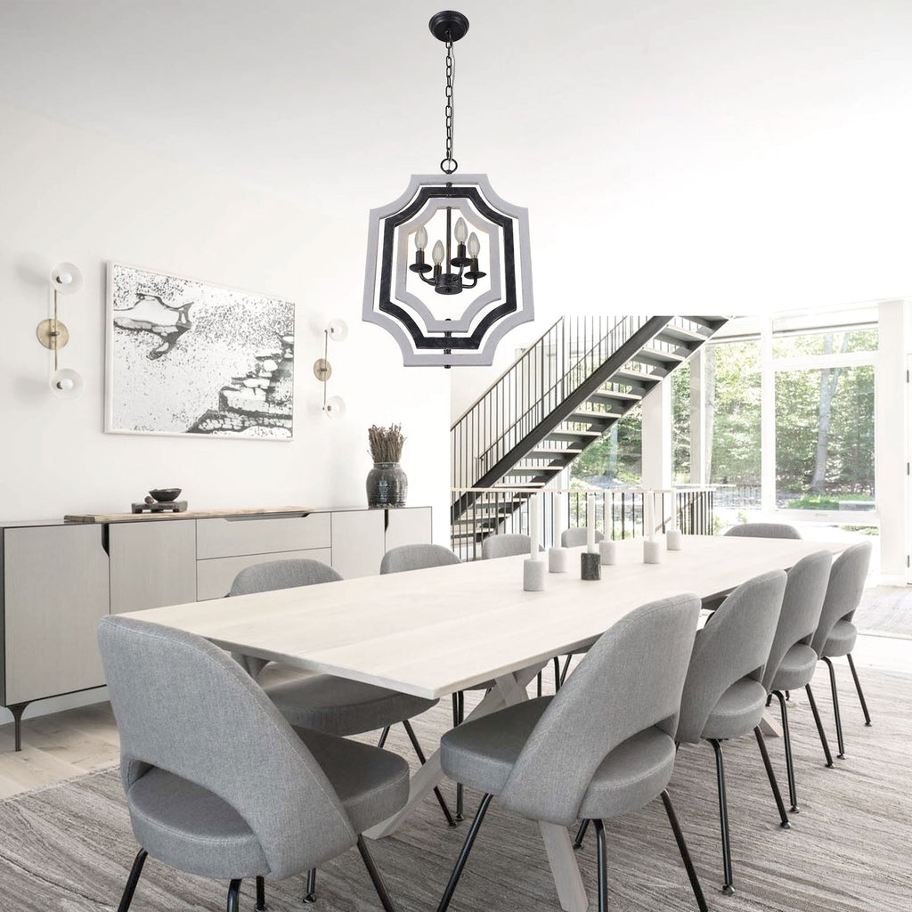 4 - Lights Distressed Wood Chandelier with Adjustable Chain, 16.9" Geometric Chandelier for Entryway with DIY Shade