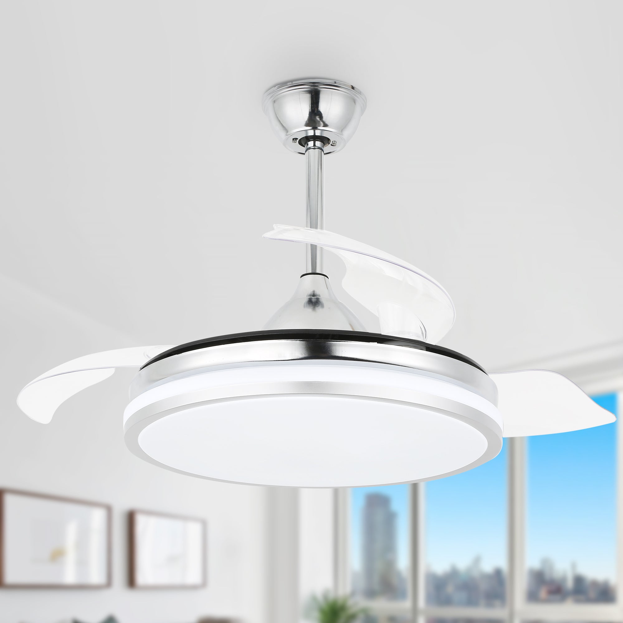 DC4260-BellaDepot 42" Black/Chrome/Gold/White Modern Reversible Ceiling Fan with Remote and LED Light Kit Included, 6 Speeds Retractable Ceiling Fan
