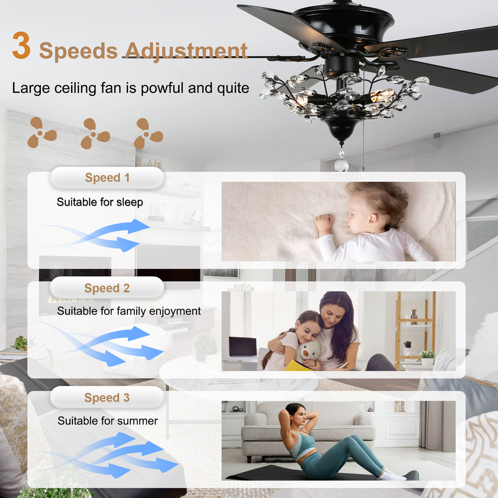52 Inch Black/Chrome Modern Luxury Cryatal Ceiling Fan with Lights and Remote, 6 Speeds DC Motor Reversible Chandelier Ceiling Fans