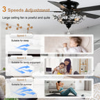 52 Inch Black/Chrome Modern Luxury Cryatal Ceiling Fan with Lights and Remote, 6 Speeds DC Motor Reversible Chandelier Ceiling Fans