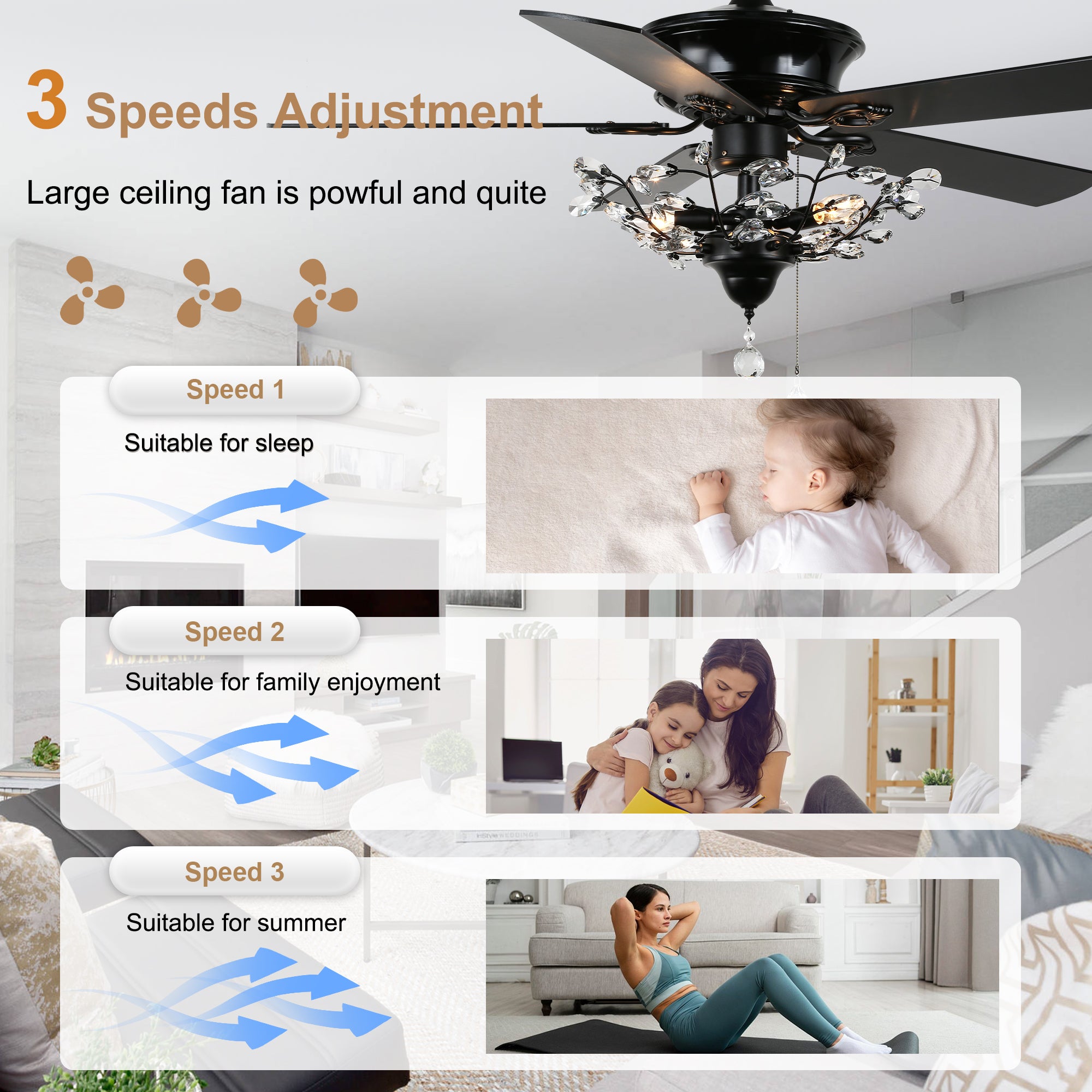 52 Inch Black/Chrome Modern Luxury Cryatal Ceiling Fan with Lights and Remote, 6 Speeds DC Motor Reversible Chandelier Ceiling Fans