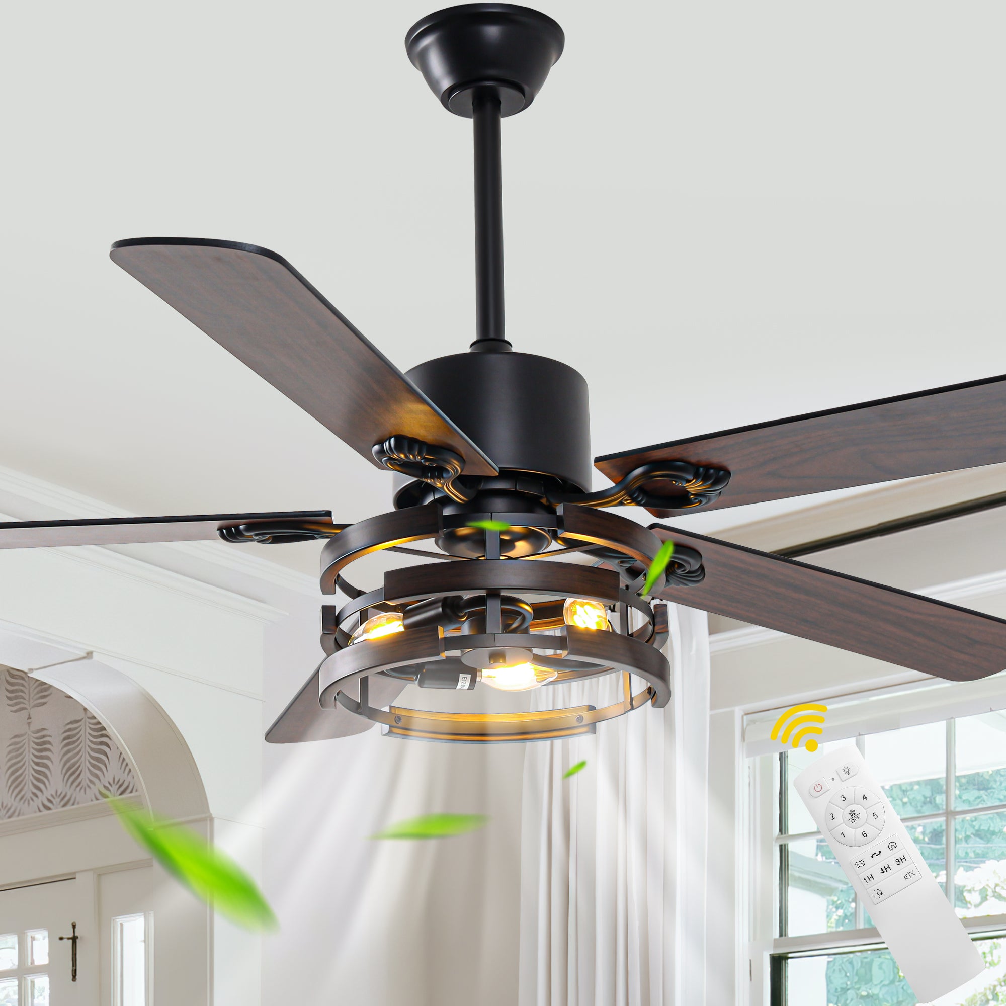DC5224-BellaDepot 52" Farmhouse Industrial Brown Ceiling Fan with Remote Control, 6 Speeds Ceiling Fan with Lights for Living Room