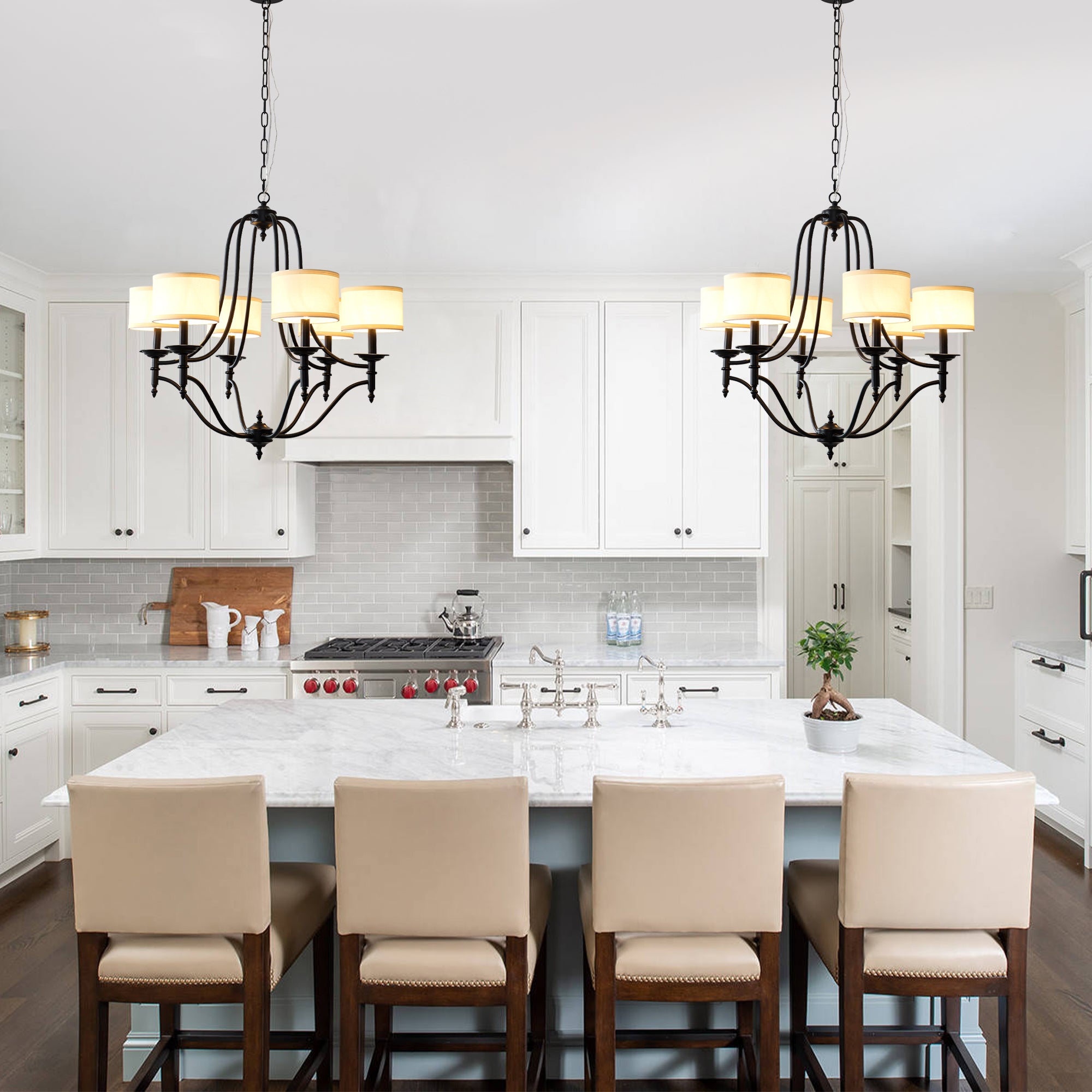 6 - Light Traditional Farmhouse Chandelier with Fabric Shades, 30 Inch Black Chandelier, Adjustable Classic Dining Room Light Fixture for Living Room