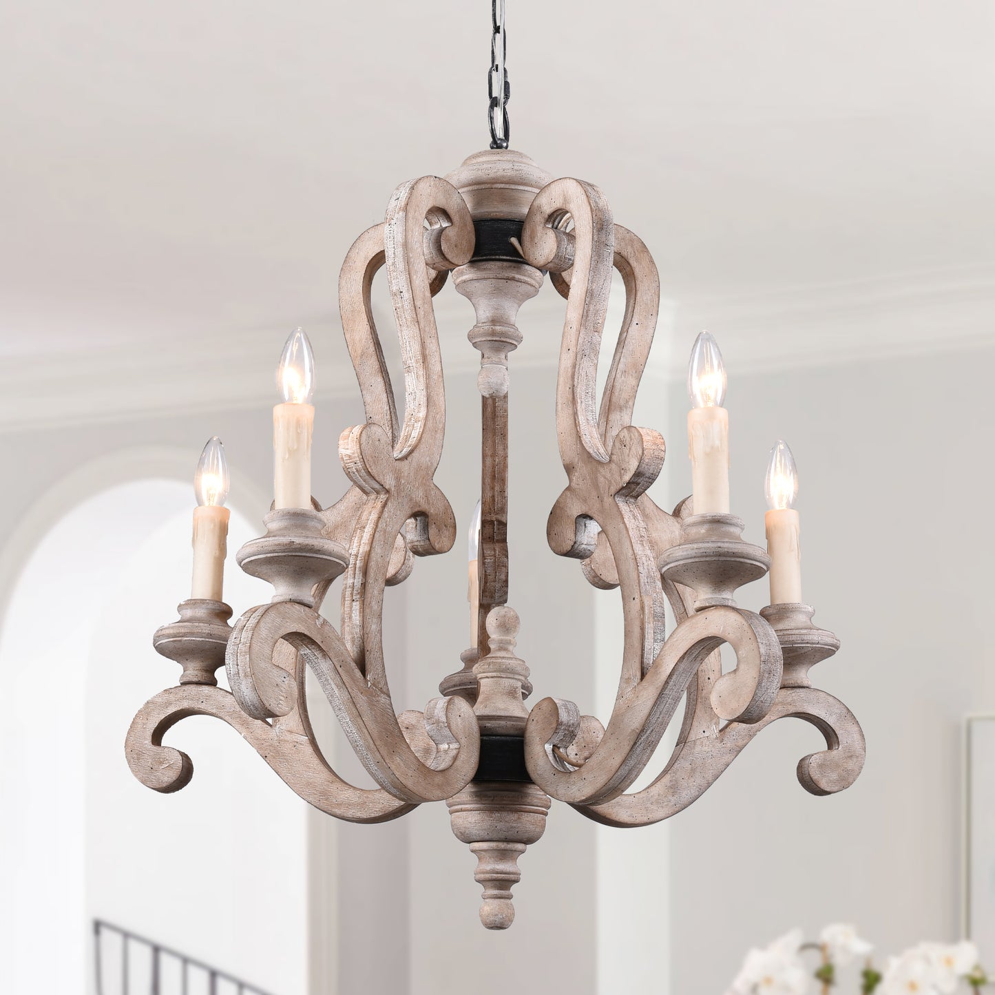 FC4004-5 Light, 25" Wooden Chandelier with Candelabra Bulb Base, Pendant Lamps, for Dining Room Bedroom Living Room