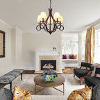 5 - Light Aged Brass Traditional Chandelier, Rustic Bronze Farmhouse Chandelier with Fabric Shades Candle Style Classic Chandelier for Living Room
