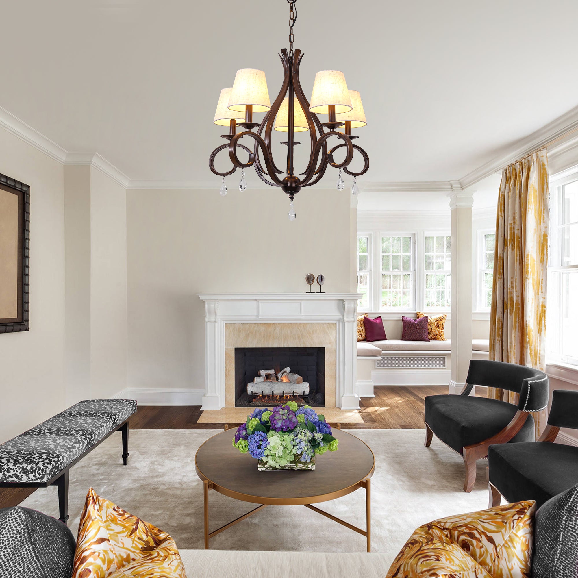 5 - Light Aged Brass Traditional Chandelier, Rustic Bronze Farmhouse Chandelier with Fabric Shades Candle Style Classic Chandelier for Living Room