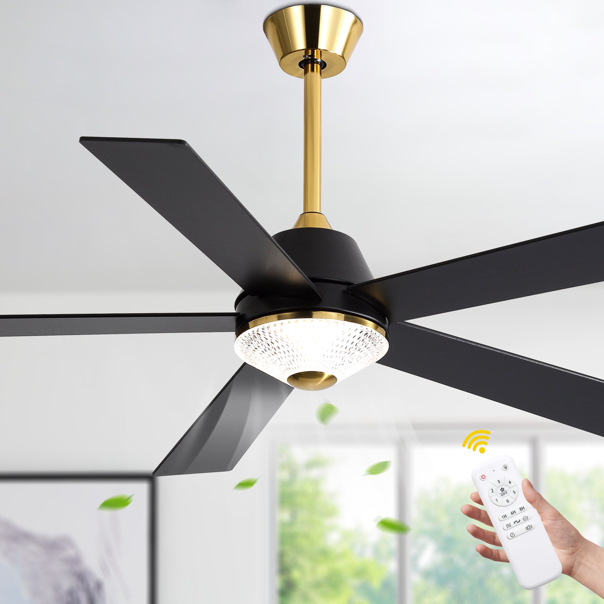 52" Modern Reversible Ceiling Fan with Remote, 5 Wooden Blades, 6-Speed, Dimmable LED Light, Slope Ceiling Compatible