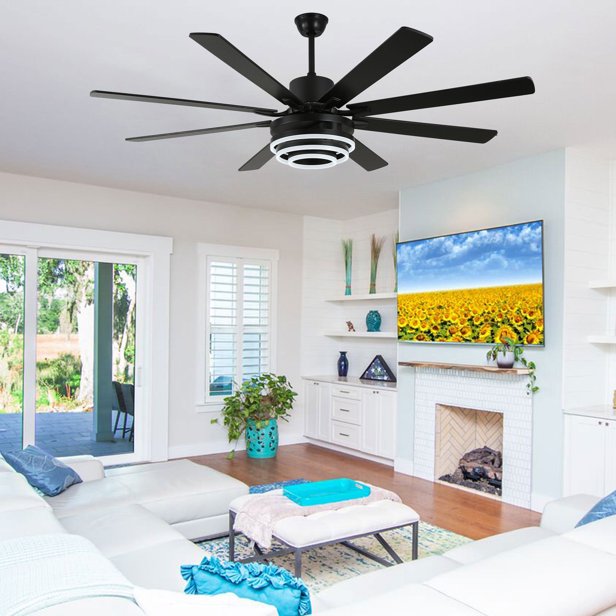 DC7205-BellaDepot 72" 8 Blades Gold/Black/Silver Finish Modern Urban Reversible Ceiling Fan with Remote and LED Light Kit Included, Large Size Dimmable Ceiling Fan