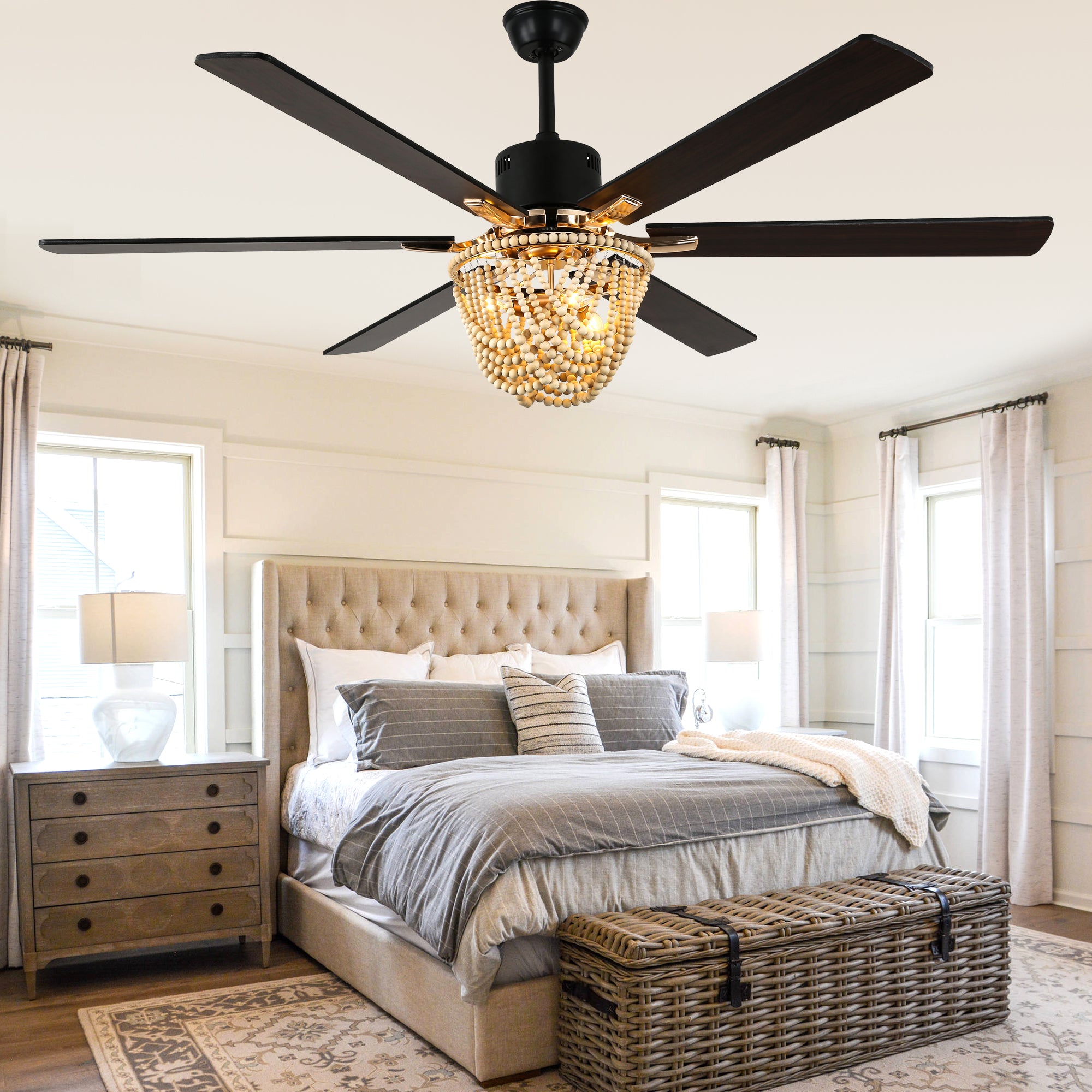DC6508-BellaDepot 65" Wood Bead Cottage Large Size Ceiling Fan with Remote Control, Silent Motor 6 Speeds Straight Leaf Fan with 3 Lights
