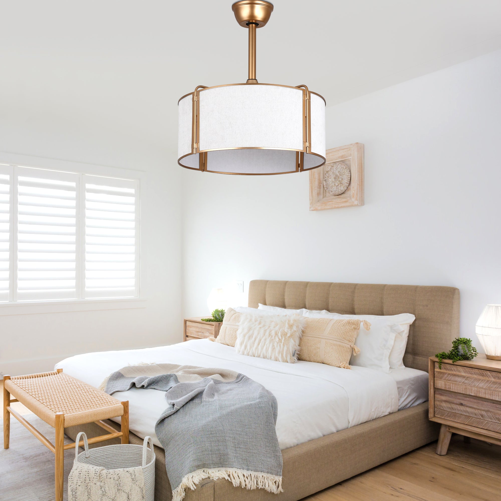 19 Inch Modern Ceiling Fan with Fabric Shade, 6-Speed DC Motor Bladeless Ceiling Fan with Lights and Remote Control for Bedroom