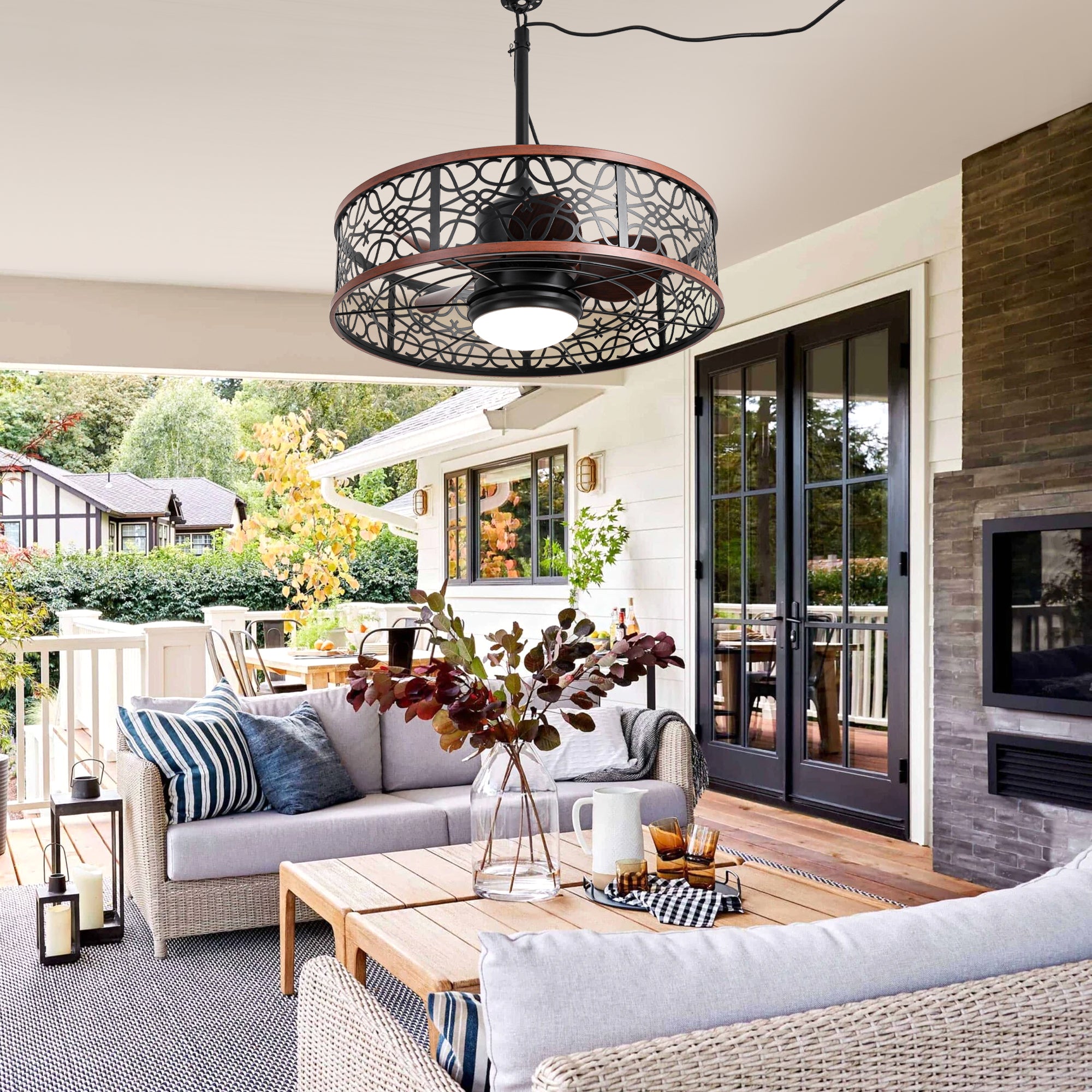 HW2310-GED-BellaDepot 24" Outdoor Iron Carving Caged Ceiling Fan with Remote Control, DC Motor 6 Speeds Fan with LED Lights