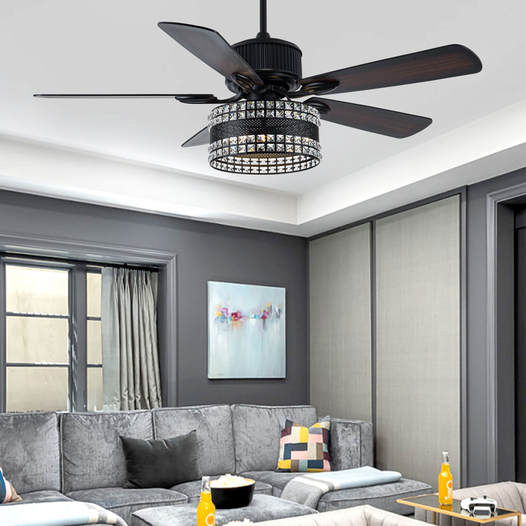 BD2069-BellaDepot 52" Black Crystal Caged Reversible Ceiling Fan with Remote and 3 Lights, DC Motor Ceiling Fan