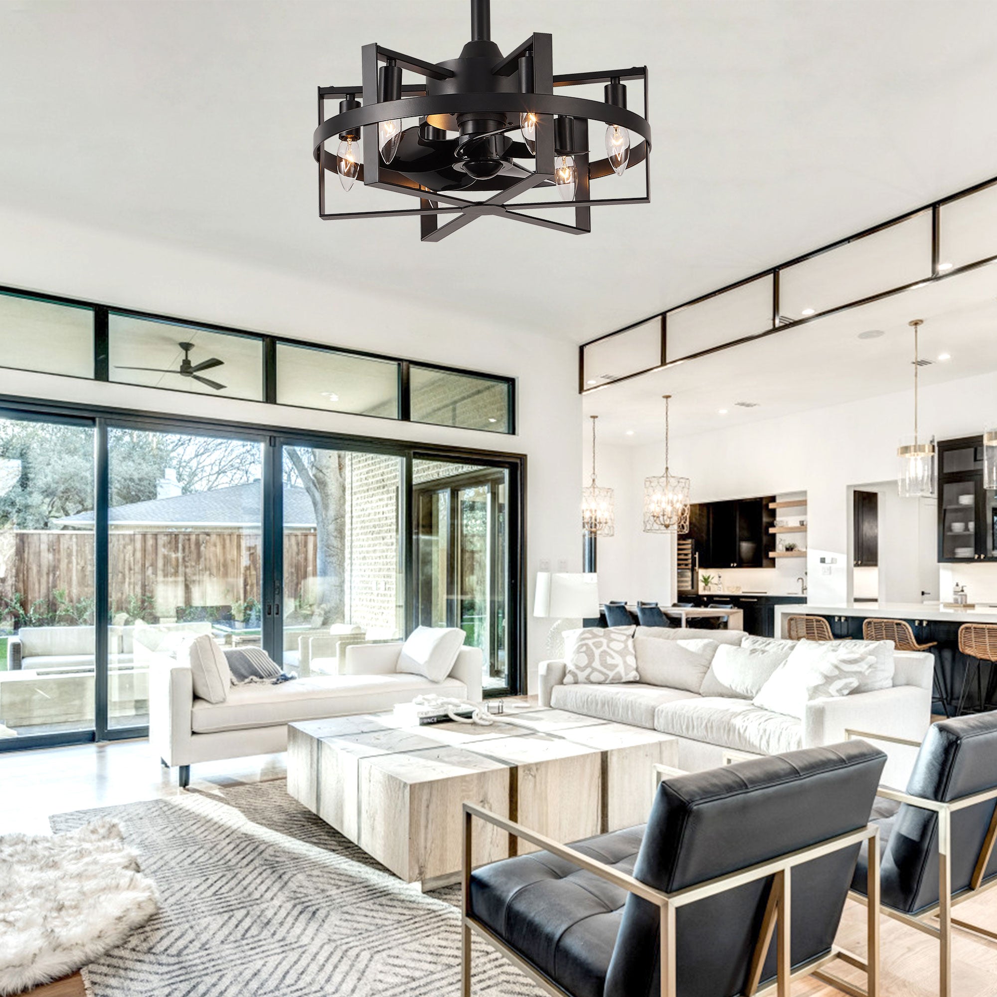 DC1816-BellaDepot 17.7" Black/Silver Industrial Caged Reversible Ceiling Fan with Remote and Lights, DC Motor Ceiling Fan