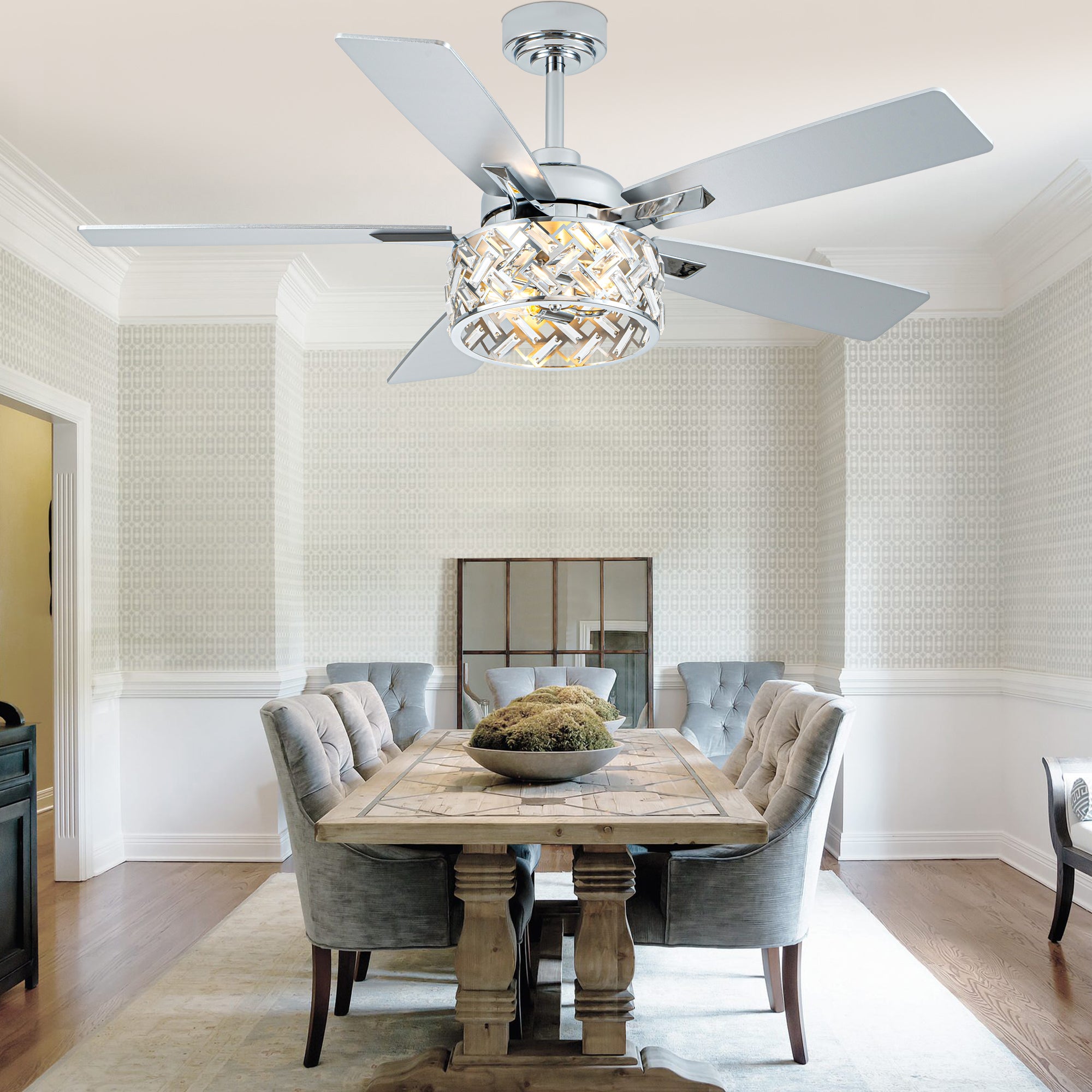 52 Inch Chrome Modern Luxury Crystal Ceiling Fan with Lights and Remote Control, 6 Speeds DC Motor Ceiling Fan