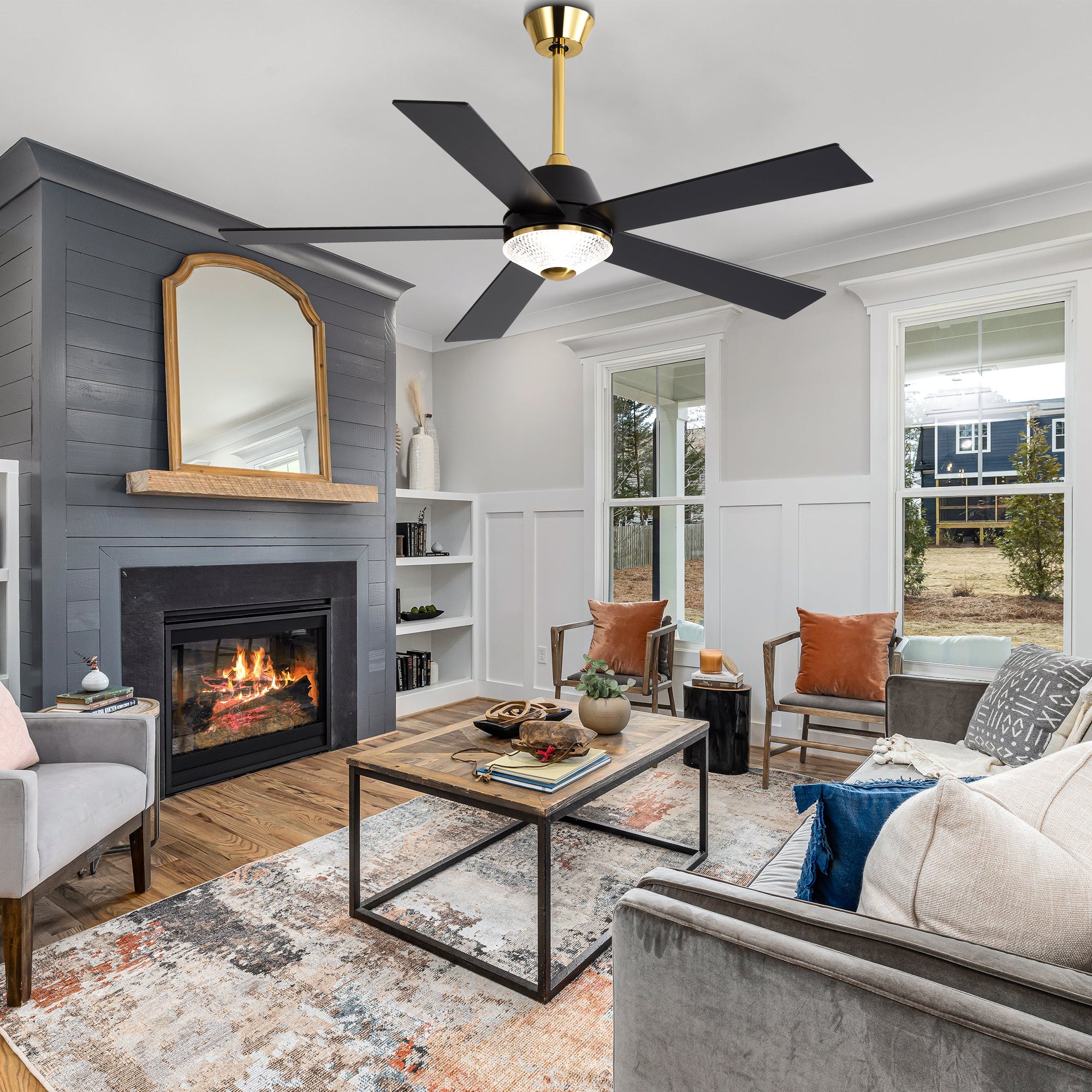 52" Modern Reversible Ceiling Fan with Remote, 5 Wooden Blades, 6-Speed, Dimmable LED Light, Slope Ceiling Compatible