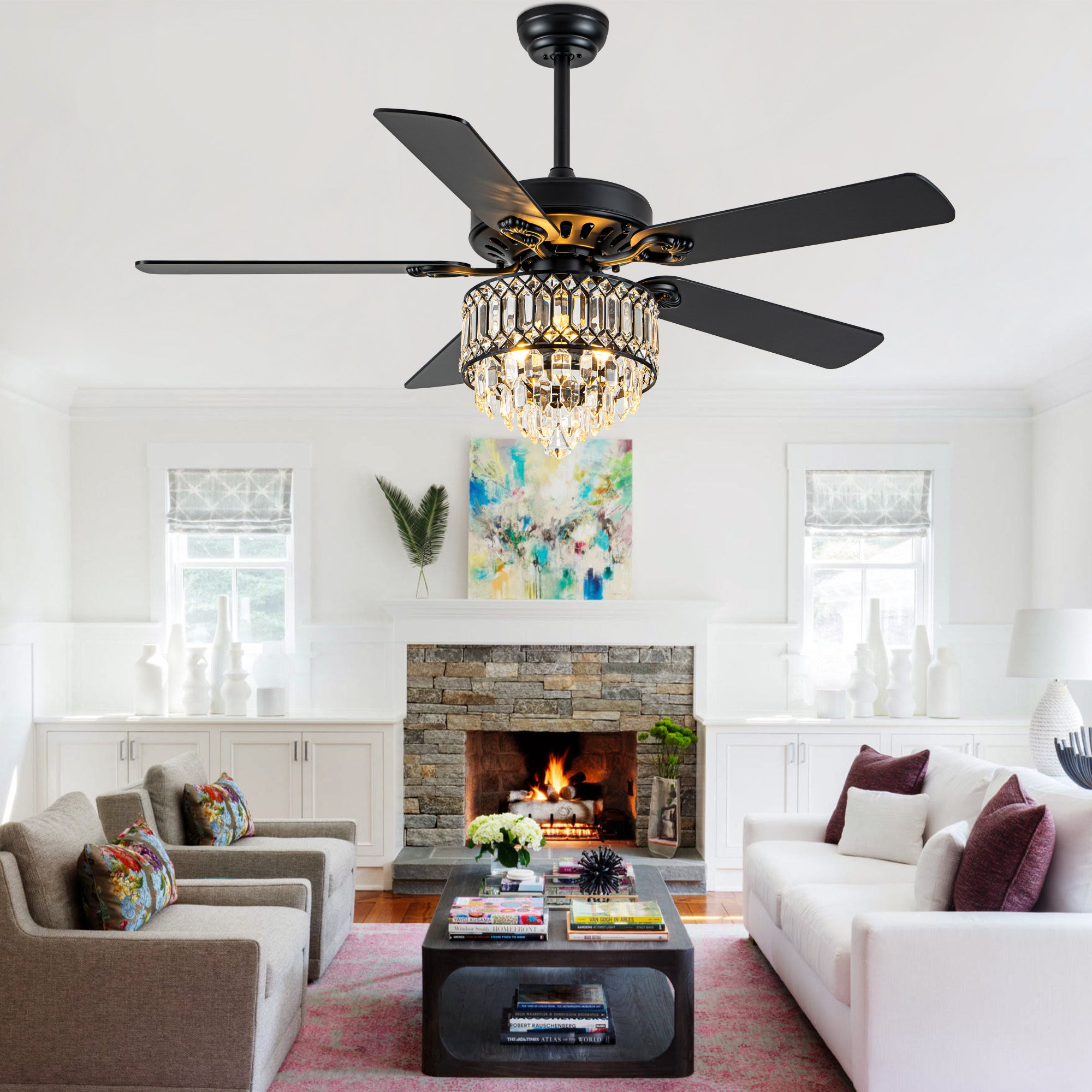 52 Inch Modern Luxury Crystal Ceiling Fan with Light and Remote Control, 6 Speeds DC Motor Chandelier Ceiling Fan for Living Room