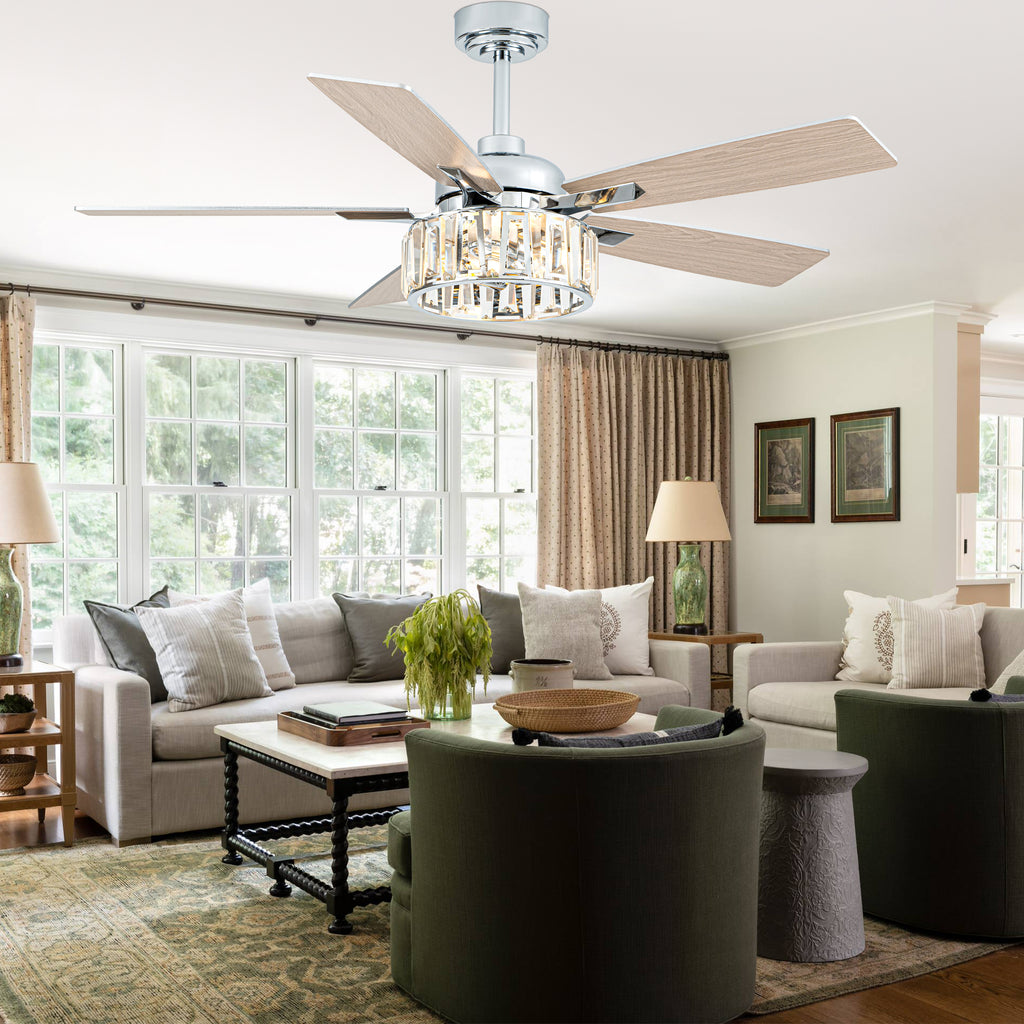 52 Inch Chrome Contemporary Glam Ceiling Fan with Lights and Remote Control, 6 Speeds Reversible Ceiling Fan with Crystals