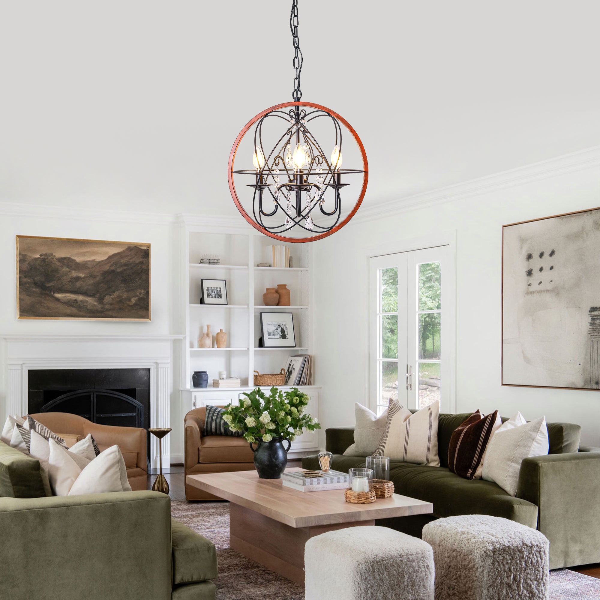 4-Light Crystal Sphere Chandelier, 16.5" Orb Globe Chandelier with Wood Grain Ring, Modern Crystal Chandeliers for Entryway