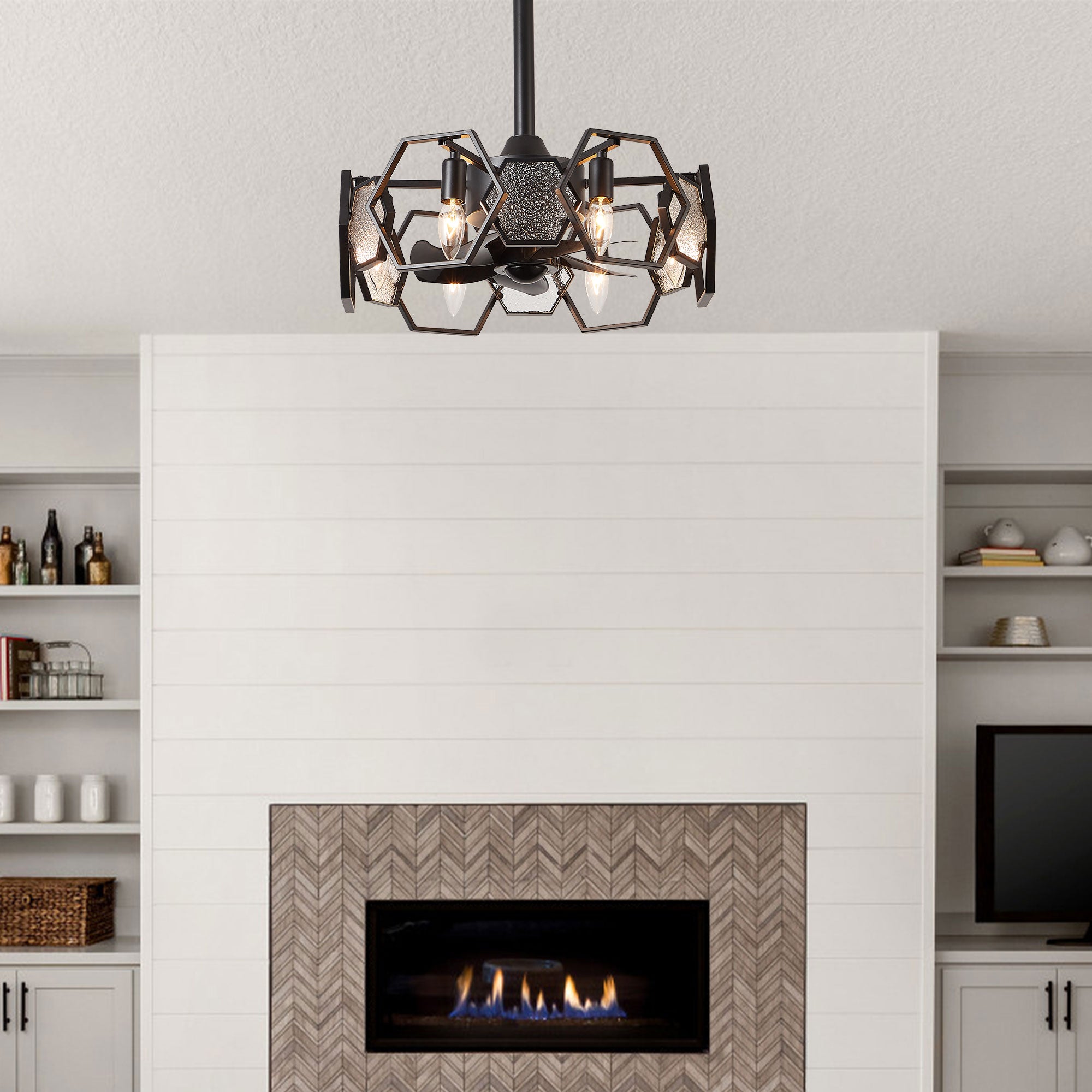 DC1903-BellaDepot 18.9" Gold/Black/Silver Finish Geometric Reversible Ceiling Fan with 6 Lights and Remote