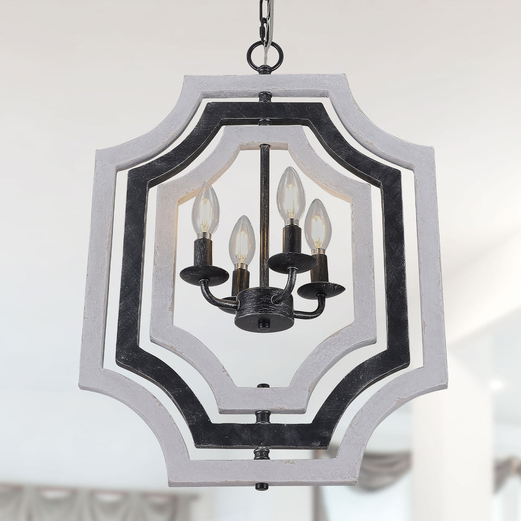 4 - Lights Distressed Wood Chandelier with Adjustable Chain, 16.9" Geometric Chandelier for Entryway with DIY Shade