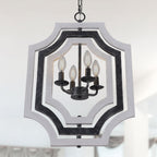 4 - Lights Distressed Wood Chandelier with Adjustable Chain, 16.9" Geometric Chandelier for Entryway with DIY Shade